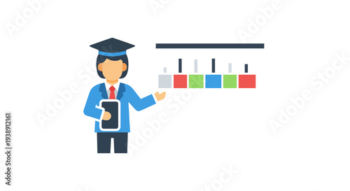 Student presenting data analysis with colorful bar graph for education and research.