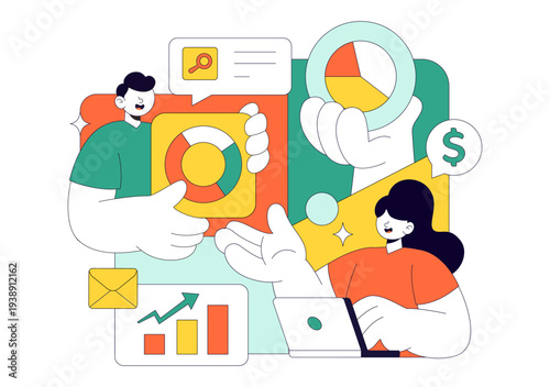 Market Research And Analysis Vector Illustration Featuring Team Management And Analytics For Creating Data Statistics In A Flat Style Background