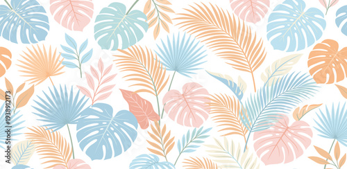 A vibrant collection of tropical leaves in pastel shades arranged in a seamless pattern viewed from directly above