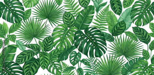 A vibrant display of lush green leaves from various tropical plants arranged in a dense pattern showcasing nature's diversity