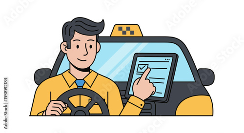 Taxi driver using tablet inside car confirming ride details smiling and focused.