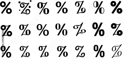 Detailed collection of diverse percentage symbols, showcasing various fonts, typographic styles, and creative designs of the percent sign for graphic design.