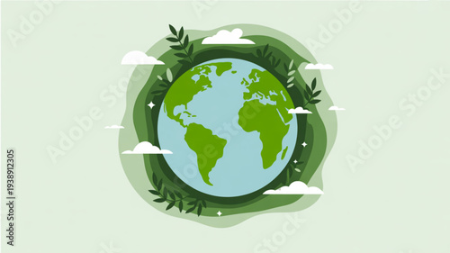 Earth surrounded by lush greenery and clouds symbolizing environmental conservation and sustainability