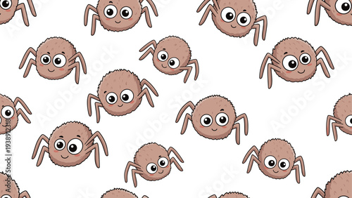 Adorable fuzzy brown spiders with large cute eyes and friendly smiles in a seamless pattern on a white background for children designs.
