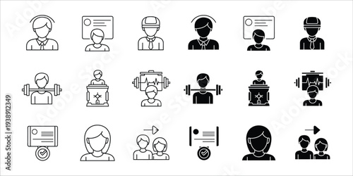 Collection of simple line icons depicting people in various professions and activities