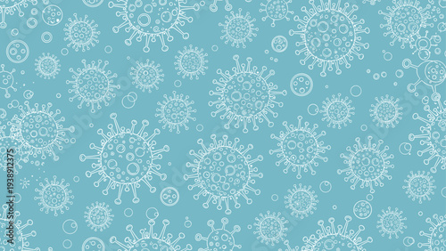 Intricate seamless pattern with white outline drawings of virus and bacteria molecules on a light blue background for medical design.