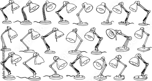 Hand-drawn set of various desk lamps in sketch outline style. Detailed illustrations of adjustable table lights with flexible arms and shades, black and white on white background.
