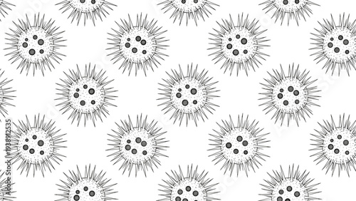 Seamless pattern with spiky virus molecule outlines in black on a white background for medical and scientific research presentations.