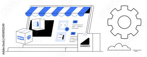 E-commerce concept. E-commerce through an online storefront, shopping icons, and gear icon, modern online shopping solutions. E-commerce for retail, small businesses, marketplaces, automation