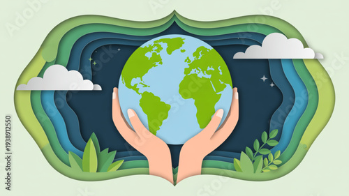 Hands cradling earth globe with green landscape surrounded by clouds and foliage symbolizing environmental care