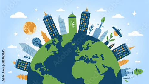 Earth with green and blue continents surrounded by eco friendly city skyscrapers solar panels wind turbines and plants under a blue sky with clouds
