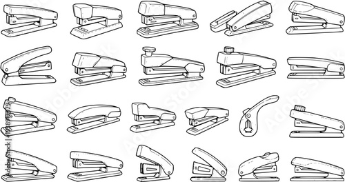 Variety of Stapler Icons Vector Set: Detailed Black and White Line Art Illustrations of Office Stationery Tools and Equipment for Desk and Document Binding.