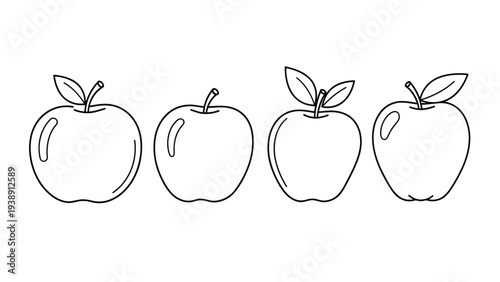 Set of four apple outlines with leaves and stems for children coloring book or healthy food education material and school posters.