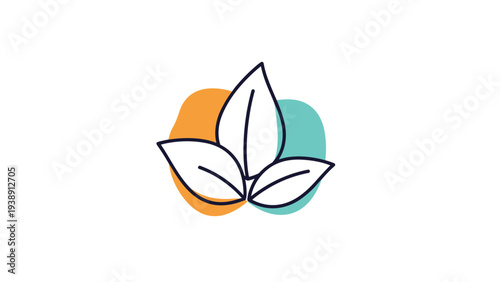 Modern logo design featuring three leaf outlines with orange and turquoise abstract shapes for eco friendly brand.