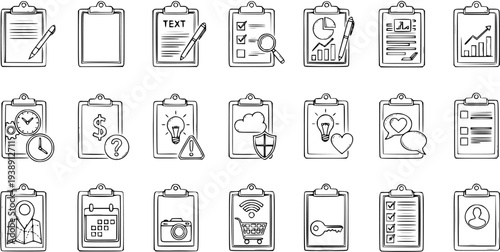 Clipboard Icons Set: Hand-Drawn Sketch Style Vector Illustrations