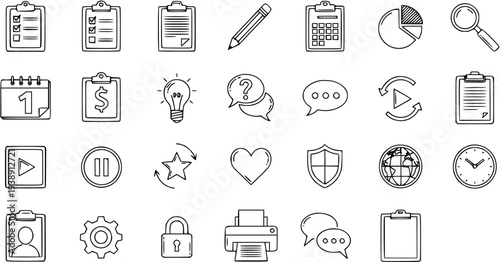 Hand-drawn doodle business, office, communication, and multimedia icon set on white background vector