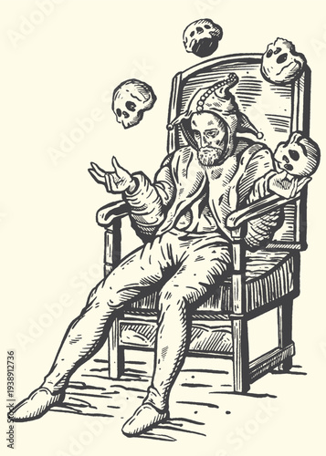Vintage medieval jester illustration in traditional costume expertly juggling multiple human skulls while seated in a high-backed chair, a detailed vector graphic design.