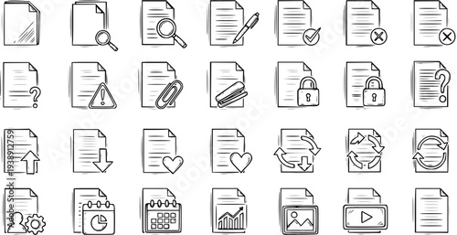 Hand-drawn Document  File Icon Set: Sketchy Doodle Symbols for Search, Edit, Secure, Upload, Download, Calendar, Chart, Media Management