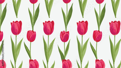 Seamless pattern with vertical red tulips on long green stems for textile print or springtime floral wallpaper design.