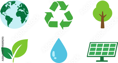 Earth Day icon set, globe, leaf, recycling symbol, tree, water drop, solar panel