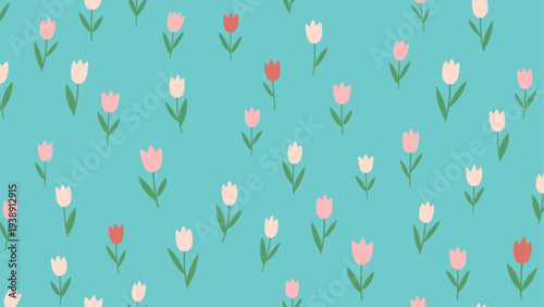 Minimalist pattern of small pink and red tulips on a bright turquoise background for fresh and modern designs.