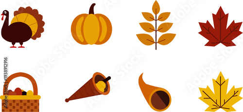 vector icon set of Thanksgiving symbols, turkey, pumpkin pie, autumn leaves, cornucopia, harvest basket, maple leaf