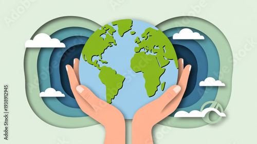 Hands cradling earth globe with clouds and eco friendly design symbolizing environmental protection and sustainability