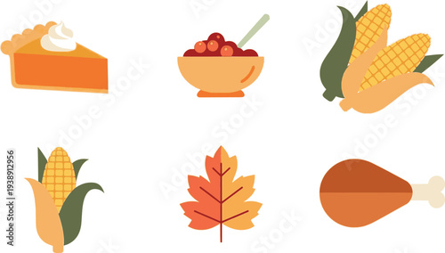 flat vector Thanksgiving icons, pumpkin pie slice, cranberry sauce bowl, corn, autumn leaf, turkey drumstick