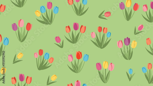 Seamless pattern with small colorful tulip bouquets on a light green background for kids room or nursery decor.