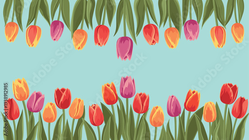 Vibrant floral border with colorful tulips at the top and bottom on a blue background for summer invitations.