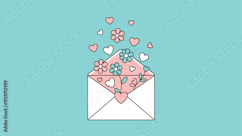 Open white envelope with colorful flowers and hearts on a turquoise background for happy mail or love letters.