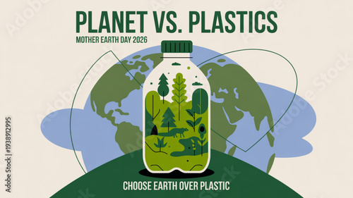 Planet vs plastics earth day campaign with green bottle and globe background