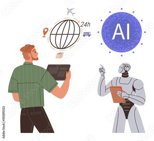 Artificial intelligence, global logistics, teamwork, automation, technology in business, innovation. Person with tablet and robot analyze globe and logistics symbols. Artificial intelligence