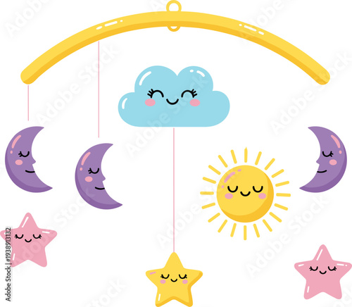 Cute Baby Crib Mobile with Sun Moon Stars and Cloud Vector Illustration for Nursery Decor, Infant Toy Design and Child Bedroom Decoration