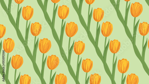 Seamless pattern of vibrant yellow and orange tulips with thick green stems on a light green background, ideal for cheerful spring decorations.