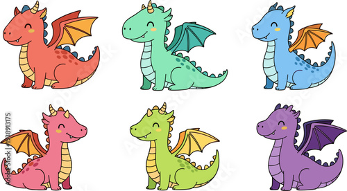 Cute Baby Dragon Character Set Vector Illustration Featuring Colorful Cartoon Dragons with Wings for Fantasy Kids Design and Magical Creature Collection