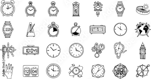 Hand-drawn doodle set of various clocks and time-related objects, including alarm clocks, wristwatches, digital timers, and abstract time concepts, in black and white line art.