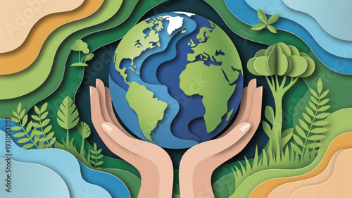 Earth in hands surrounded by green plants and layered abstract background