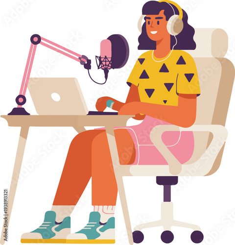 Minimalist thin line vector illustration of a professional woman recording a podcast with microphone headphones and laptop computer.