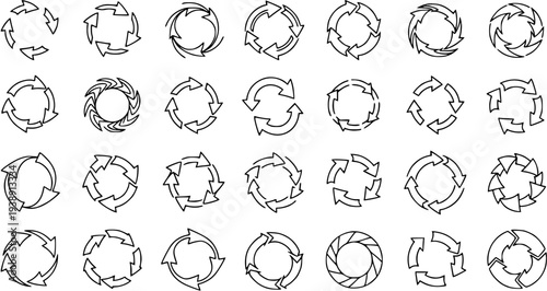 Circular Arrows Vector Icons Set. Recycle, Refresh, Reload, Loop, and Cycle Symbols for Web and Graphic Design. Outline Style Black and White Collection.