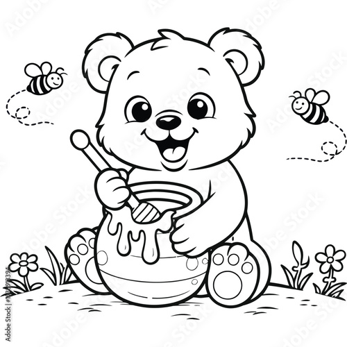 Baby Bear Eating Honey Coloring Page for Kids Cartoon Line Art