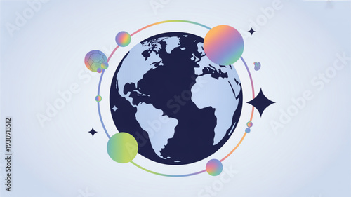 Global connection concept with colorful orbs and earth globe on light blue background
