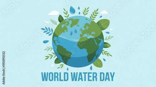 World water day illustration with globe leaves and raindrops on light blue background symbolizing conservation and sustainability