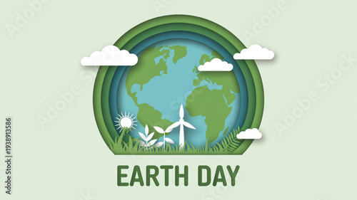 Earth day eco friendly concept with wind turbines and green globe on light background