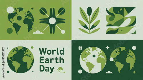 Earth day illustrations with green leaves and globe icons celebrating environmental awareness and sustainability