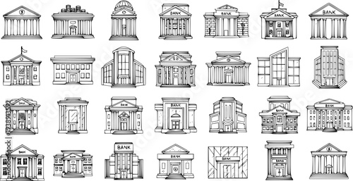 Hand-drawn bank building sketches collection. Architectural icons of financial institutions for business, economy, and investment concepts.