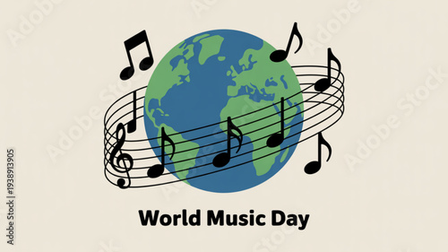 Vibrant world music day illustration with globe and musical notes on cream background