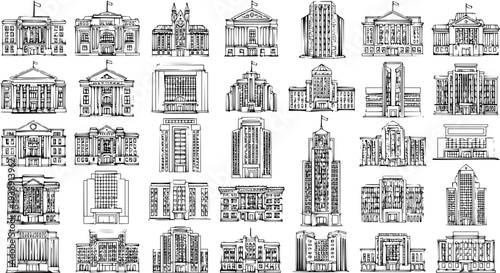 Detailed line art architectural sketches collection. Hand-drawn illustrations of diverse government, university, and office buildings for design projects and educational materials.