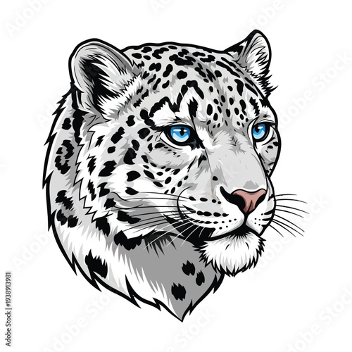 Illustration of a snow leopard's head with blue eyes on a white background