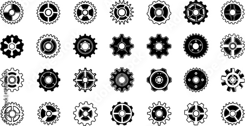 Set of Black and White Gear Icons and Cogs Vector Illustration - Industrial Engineering Mechanical Part Symbol Collection for Technology and Machine Design